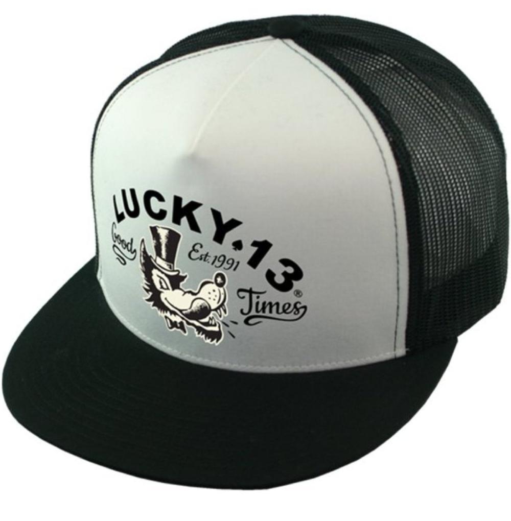 lucky 13 The MR. WOLF poplin/mesh snapback trucker cap with transfer by Lucky 13 Black/White – Lucky13apparel