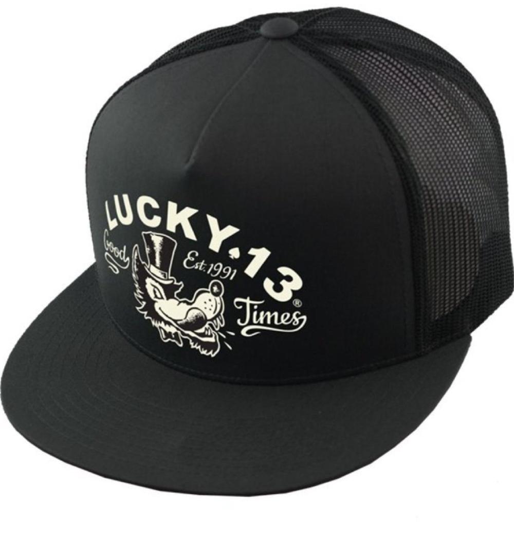 lucky 13 The MR. WOLF poplin/mesh snapback trucker cap with transfer by Lucky 13 black/black – Lucky13apparel