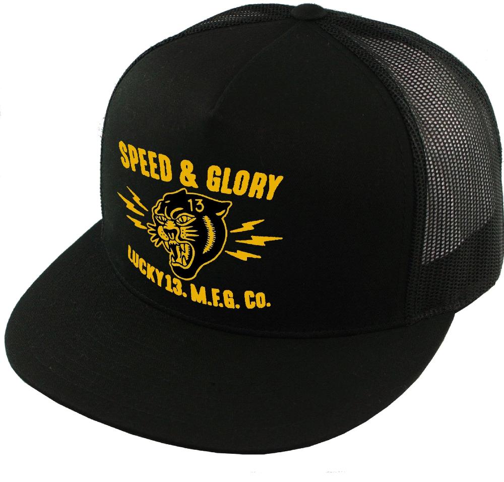 lucky 13 The PANTHER HEAD poplin/mesh snapback trucker cap with transfer by Lucky 13 black/black – Lucky13apparel
