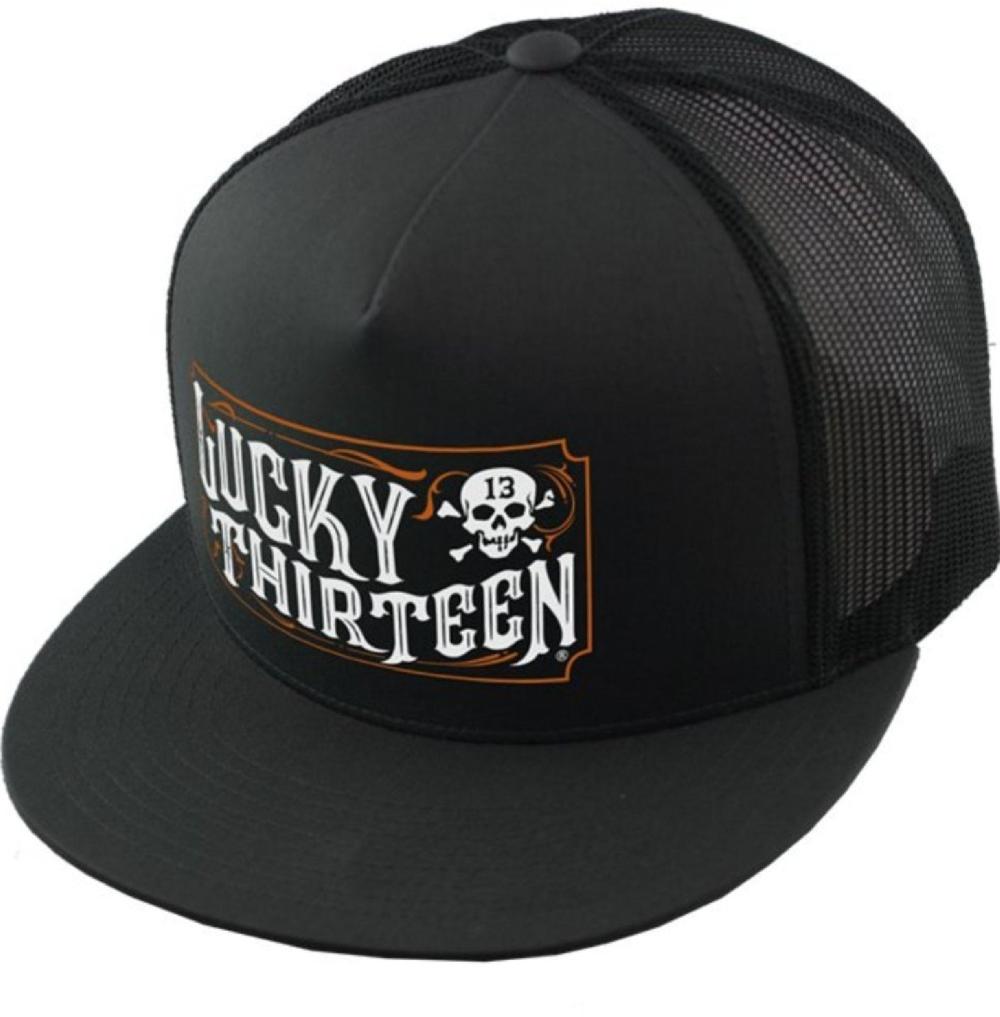 lucky 13 The SALOON two-tone poplin/mesh snapback trucker cap with transfer by Lucky 13 black/black – Lucky13apparel