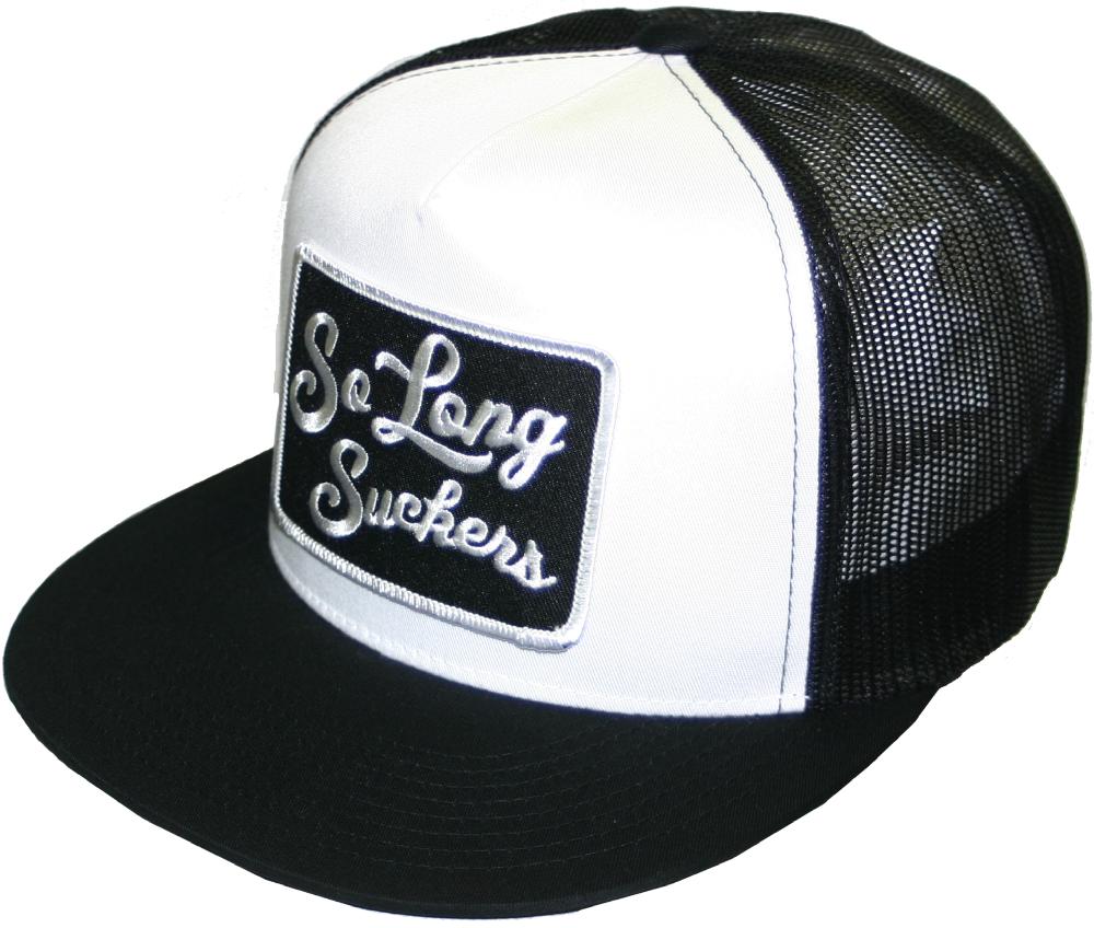lucky 13 The SO LONG SUCKERS poplin/mesh snapback trucker cap with patch Black/White – Lucky13apparel