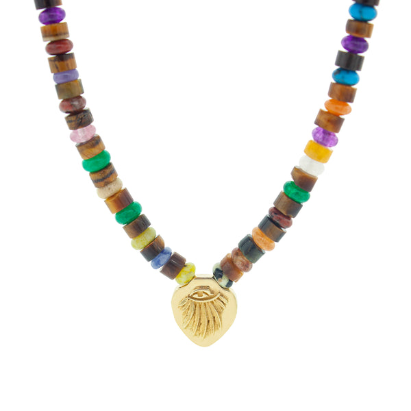 luis morais Angel Wing Shield Pendant on Multi Gemstone Beaded Necklace