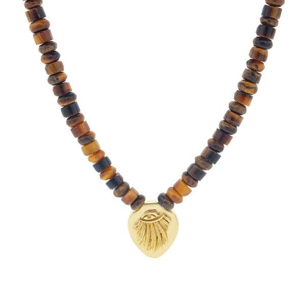 luis morais Angel Wing Shield Pendant on Tiger's Eye Beaded Necklace