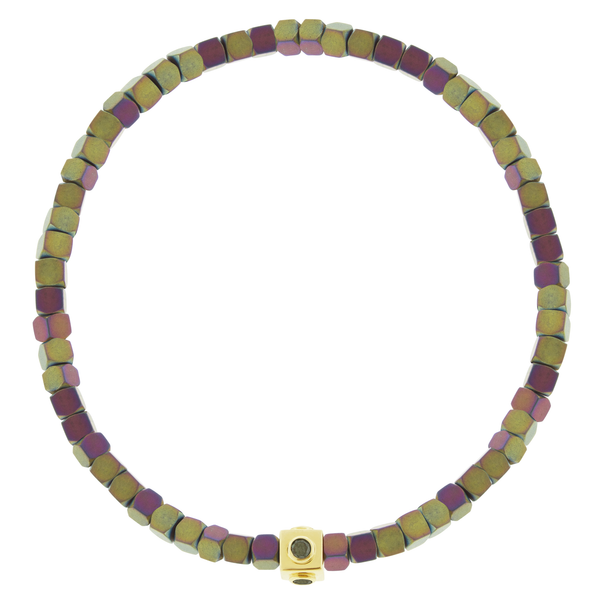 luis morais Black Diamond Lego Cube on Rainbow Hematite Bead Bracelet