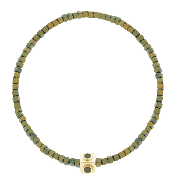 luis morais Black Diamond Lego Cube on Small Moss Hematite Bead Bracelet