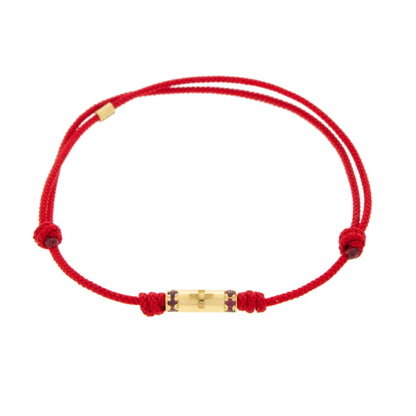 luis morais Cross Slim Tube with Rubies on a Red Cord Bracelet