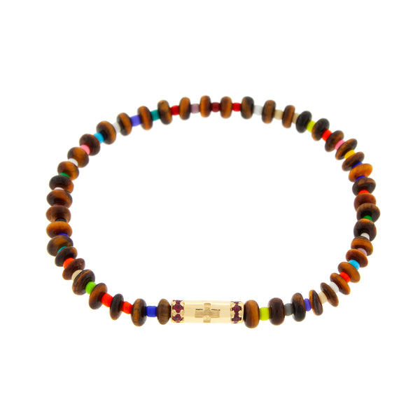 luis morais Cross Slim Tube with Rubies on Tiger's Eye Beaded Bracelet