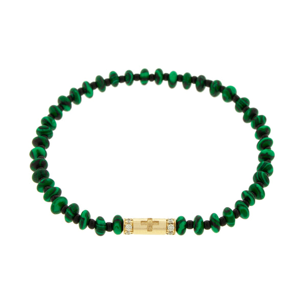 luis morais Cross Slim Tube with White Diamonds on Malachite Bracelet