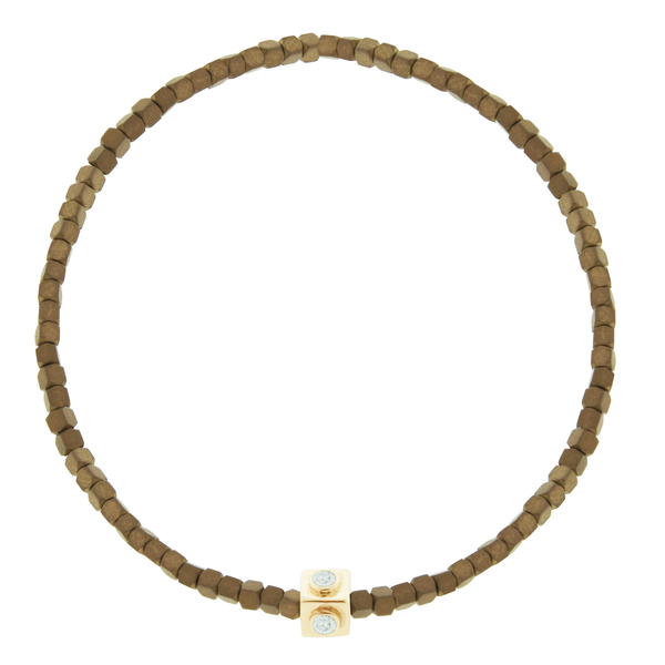 luis morais Diamond Lego Cube on Small Copper Hematite Bead Bracelet