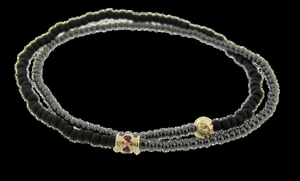 luis morais Double Wrap Beaded Bracelet with Ruby Barrel and Torus Knot