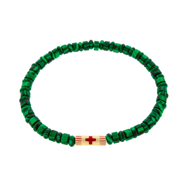 luis morais Enameled Cross Slim Tube on a Malachite Bracelet