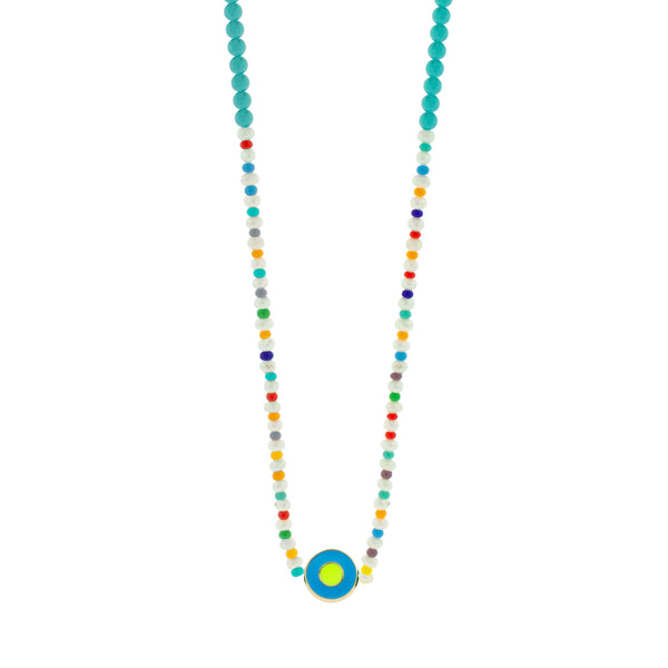 Luis Morais Enameled Neon Blue Evil Eye Disk On Beaded Necklace