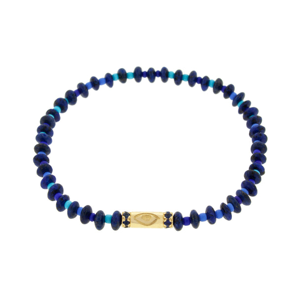 luis morais Evil Eye Slim Tube with Sapphires on Lapis Beaded Bracelet