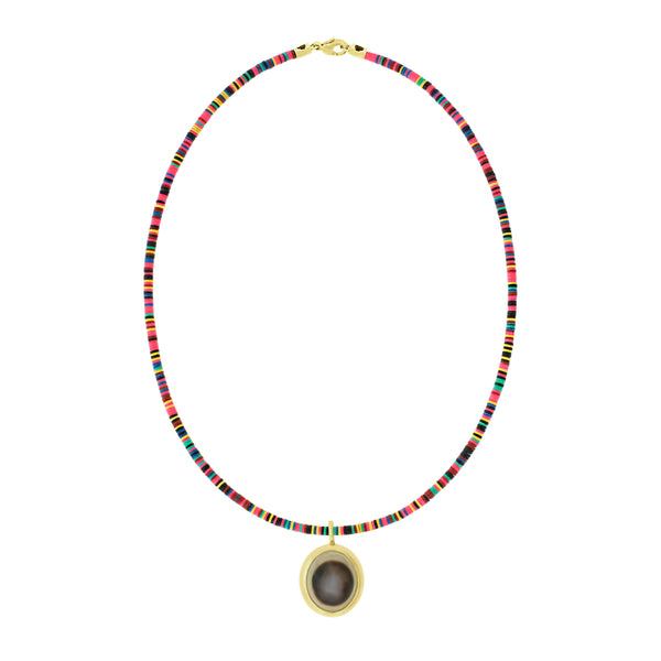 luis morais Getaway Grey Agate Eye Pendant on Multi Color Vinyl Beaded Necklace