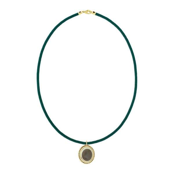 luis morais Getaway Grey Agate Eye Pendant with Black Diamonds on a Vinyl Beaded Necklace