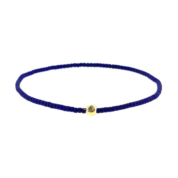 luis morais Gold Ball with White Diamond on Blue Glass Bead Bracelet