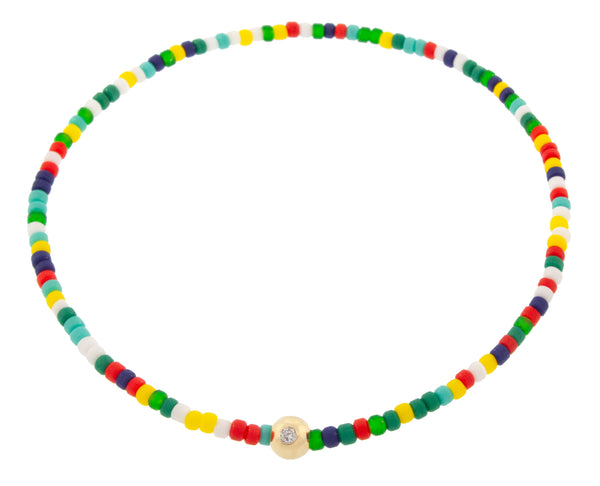 luis morais Gold Ball with White Diamond on Multicolor Bead Bracelet