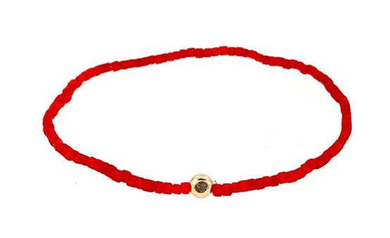 Luis Morais Gold Ball With White Diamond On Red Glass Bead Bracelet