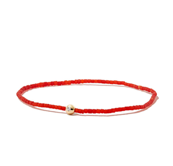 luis morais Gold Ball with White Diamond on Red Glass Bead Bracelet