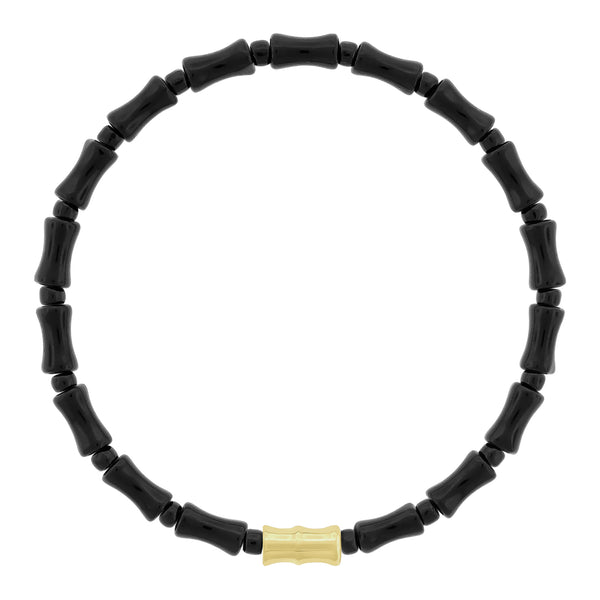 luis morais Gold Bamboo Tube on Black Glass Bead Bracelet