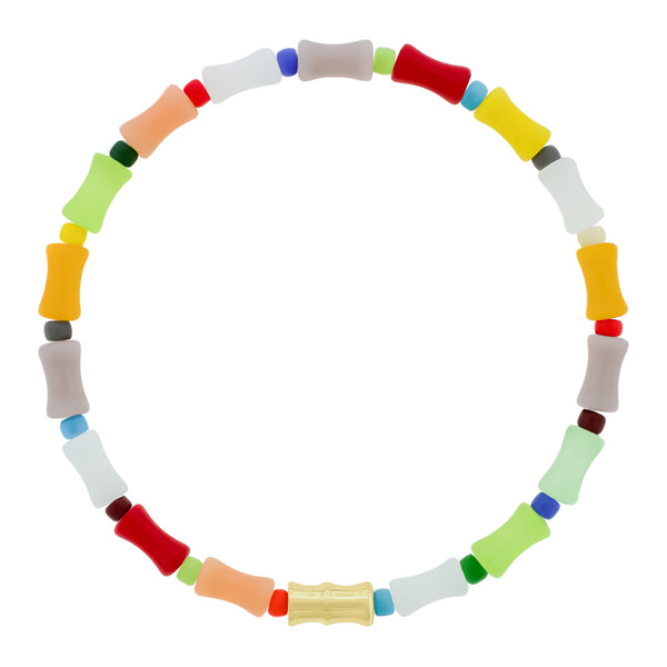 luis morais Gold Bamboo Tube on Multicolor Glass Bead Bracelet