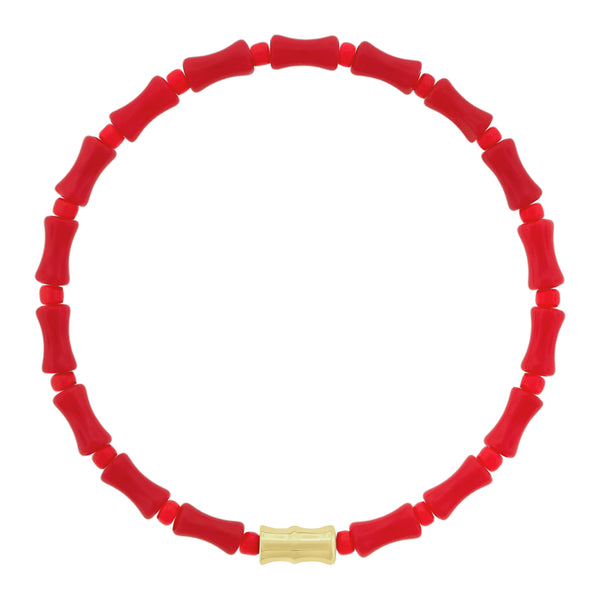 luis morais Gold Bamboo Tube on Red Glass Bead Bracelet