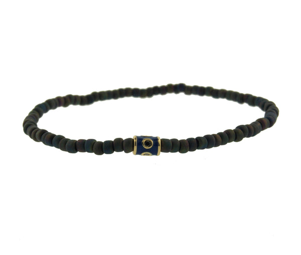 luis morais Gold Barrel with Navy Enamel and Black Diamonds on Bead Bracelet