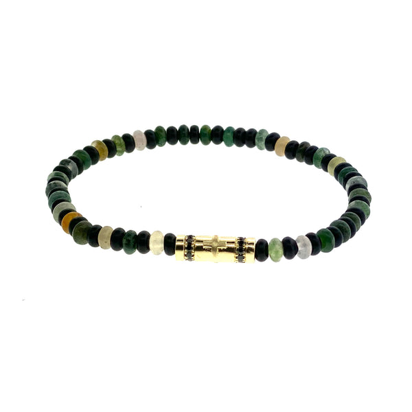 luis morais Gold Cross Relief With Diamonds On Gemstone Beaded Bracelet