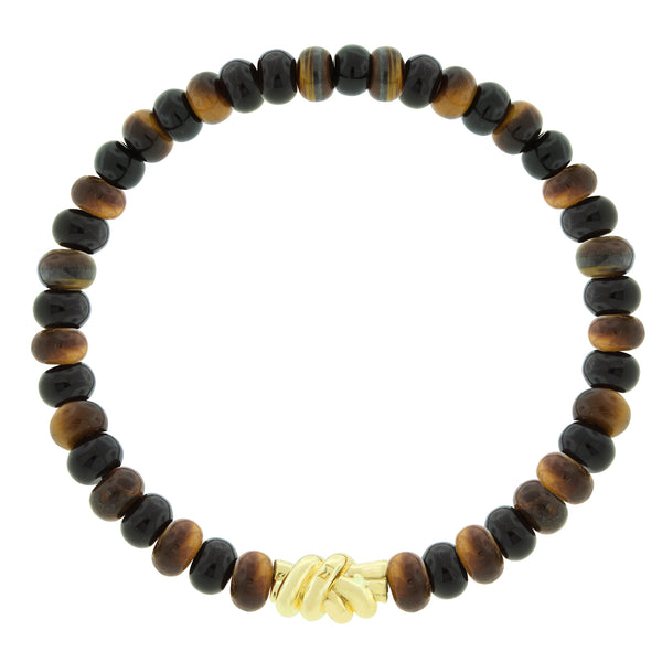 luis morais Gold Double Knot on Onyx & Tiger's Eye Beaded Bracelet