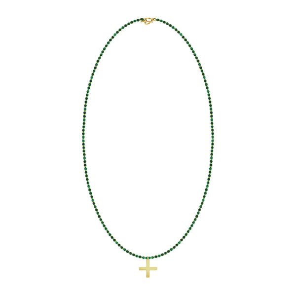 Luis Morais Gold Greek Cross Malachite Beaded Necklace