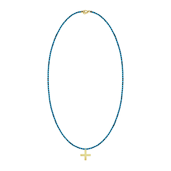Luis Morais Gold Greek Cross Turquoise Beaded Necklace