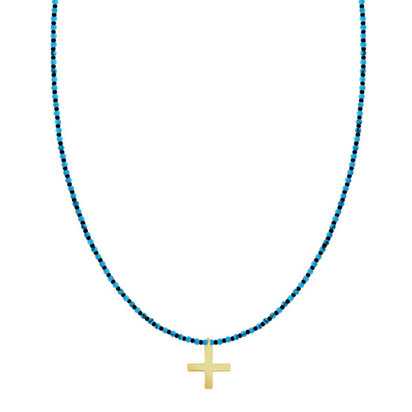 Luis Morais Gold Greek Cross Turquoise Beaded Necklace