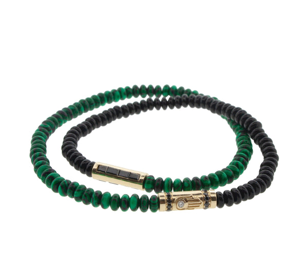 luis morais Gold Hamsa with Black Diamonds on Double Wrap Beaded Bracelet