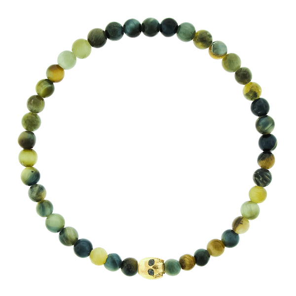 luis morais Half-Skull with Black Diamond Eyes on Agate Bead Bracelet