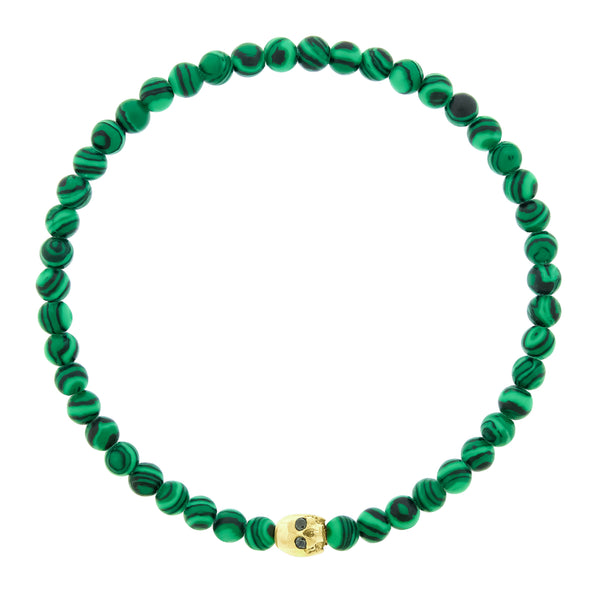 luis morais Half-Skull with Black Diamond Eyes on Malachite Bead Bracelet
