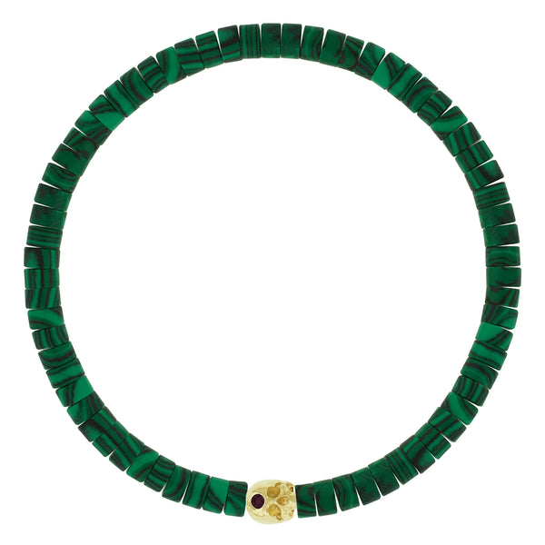 luis morais Half-Skull with Black Diamond on Malachite Bead Bracelet