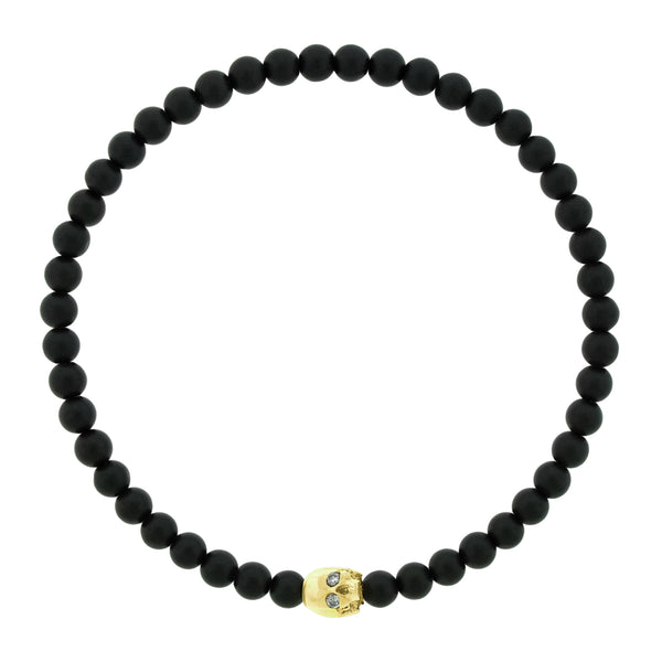 luis morais Half-Skull with Diamond Eyes on Onyx Bead Bracelet