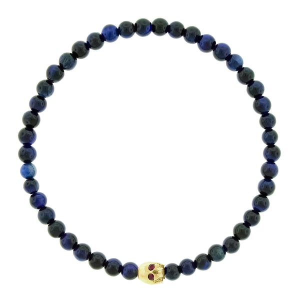 luis morais Half-Skull with Ruby Eyes on Blue Tiger's Eye Bead Bracelet