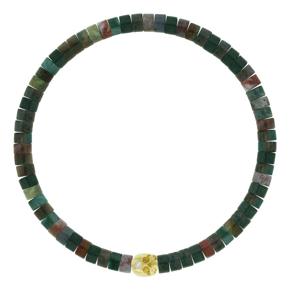 luis morais Half-Skull with White Diamond on Indian Agate Bead Bracelet