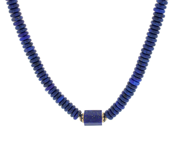 Luis Morais Hexagon Lapis Bolt With Blue Sapphires On Lapis Necklace