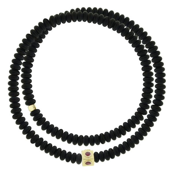 luis morais Lego Cube with Rubies on Double Wrap Onyx Bead Bracelet