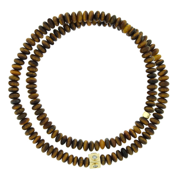 luis morais Lego Cube with White Diamonds on Double Wrap Tiger's Eye Bead Bracelet