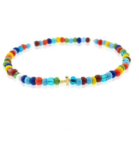 luis morais Mini Gold Cross on Glass Bead Bracelet