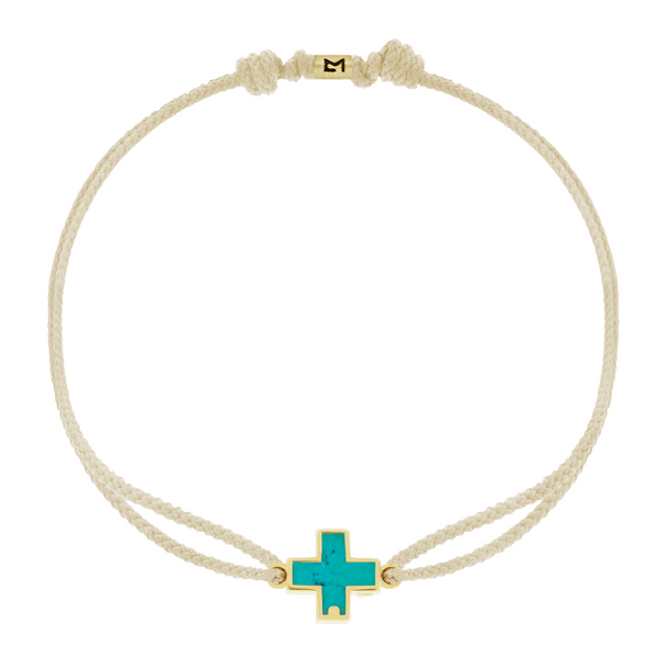luis morais Turquoise Cross on Taupe Cord Bracelet