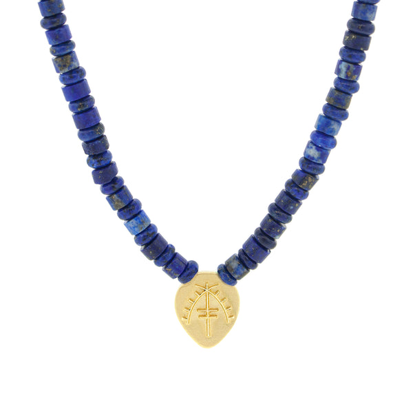luis morais Moor Shield Pendant on Lapis Beaded Necklace