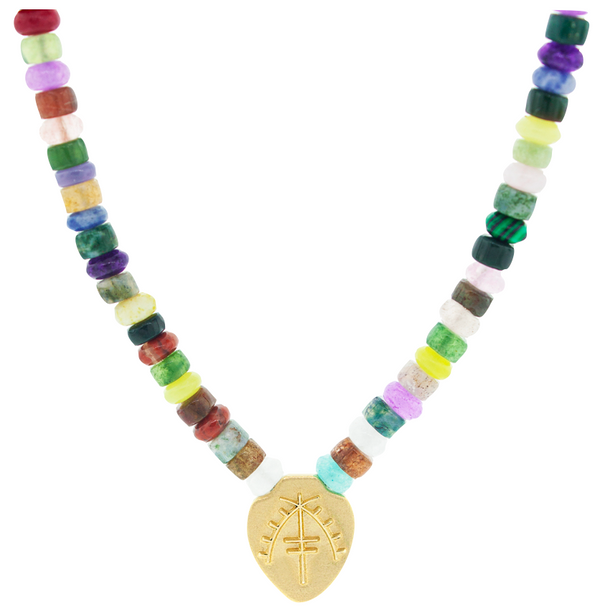 luis morais Moor Shield Pendant on Multi Gemstone Beaded Necklace