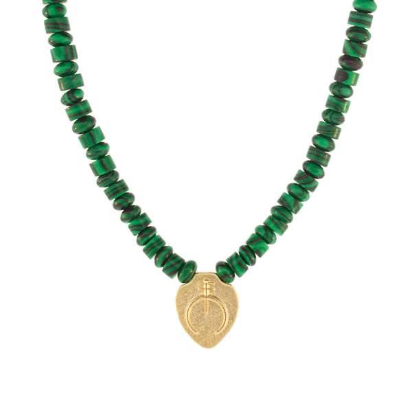 luis morais Naja Shield Pendant on Malachite Beaded Necklace