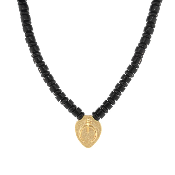 luis morais Naja Shield Pendant on Onyx Beaded Necklace