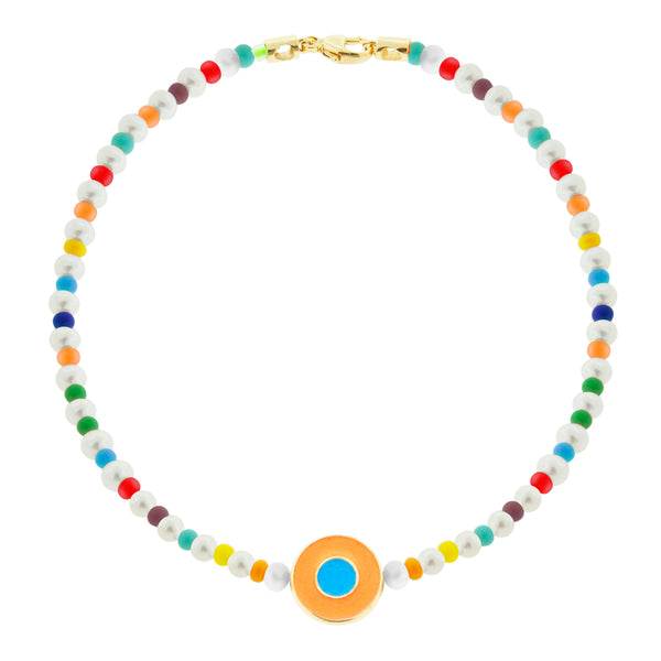 luis morais Neon Orange Enameled Evil Eye Disk Beaded Bracelet with Clasp