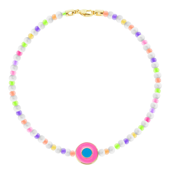 luis morais Neon Pink Enameled Evil Eye Disk Beaded Bracelet with Clasp